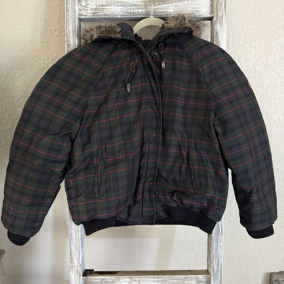 Ralph Lauren Tartan Plaid Puffer Jacket Women’s Size Medium Fur Hood Vintage 90s - Picture 1 of 8